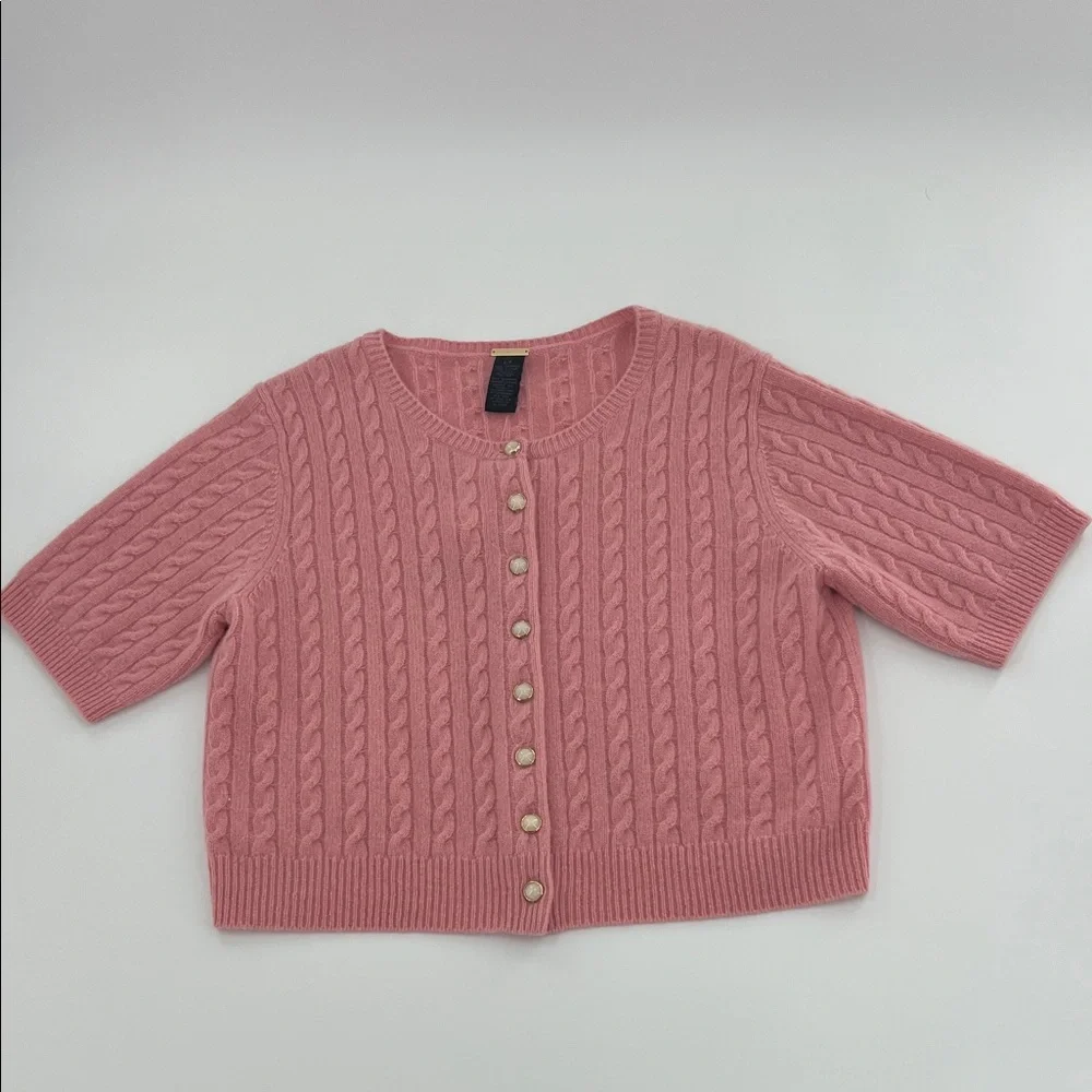 Magaschoni Rose Pink Cable-Knit Short Sleeve Cashmere Cardigan Sm NWT